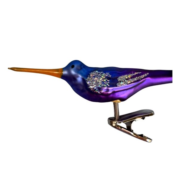 Blown Glass Hummingbird Clip Ornament Purple Blue Orange Spun Glass Tail 5.5 In - Picture 4 of 6